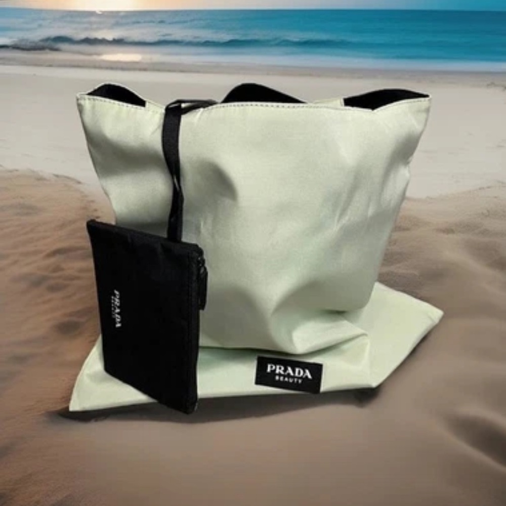 NEW Prada Beauty Reversible Large Tote Mint Green Black Nylon Tote Bag + Pouch